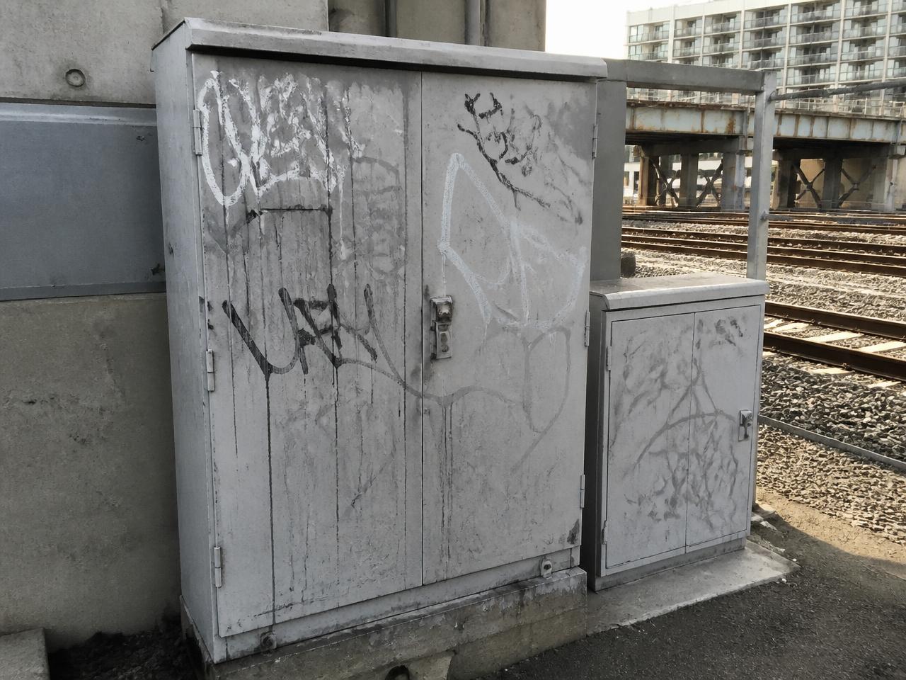 Ordinary graffiti traces on urban utility infrastructure